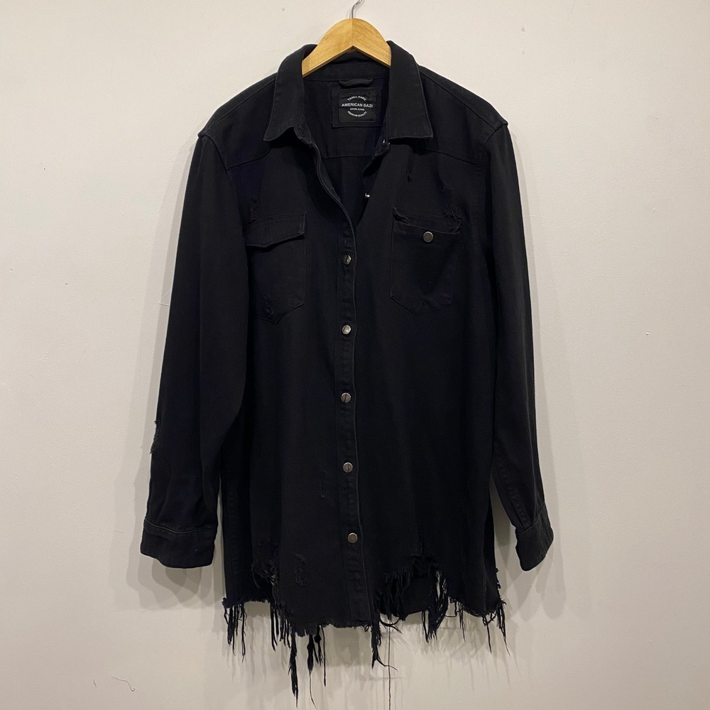 American Bazi Black Distressed Denim Shirt Jacket Shacket Womens 2X